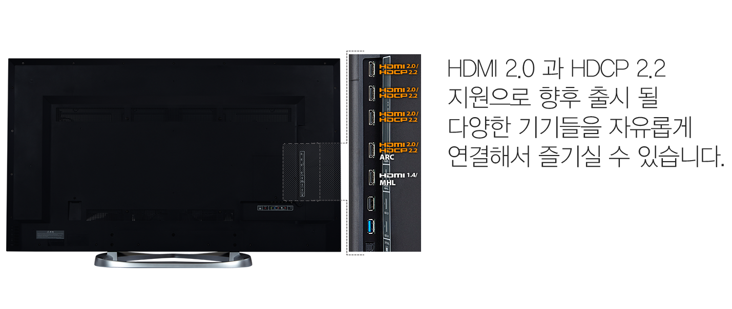 HDMI 2.0 과 HDCP 2.2 지원으로 향후 출시 될 다양한 기기들을 자유롭게 연결해서 즐기실 수 있습니다.
